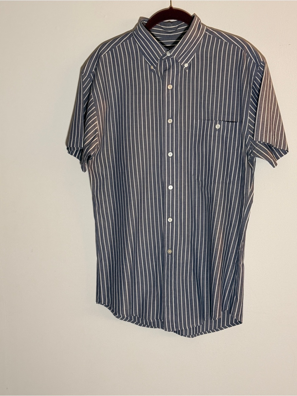 Lands' End Navy and White Vertical Stripe Short-Sleeve Button-Down Shirt
